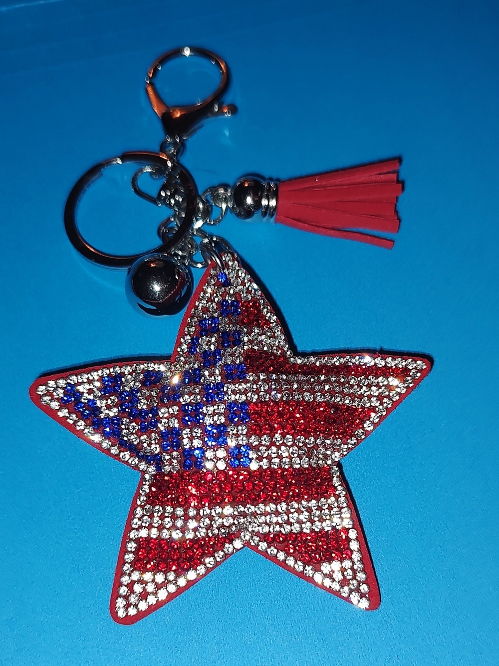 Rhinestone American Flag Star Keychain/Purse/Bag Charm with Red Tassel